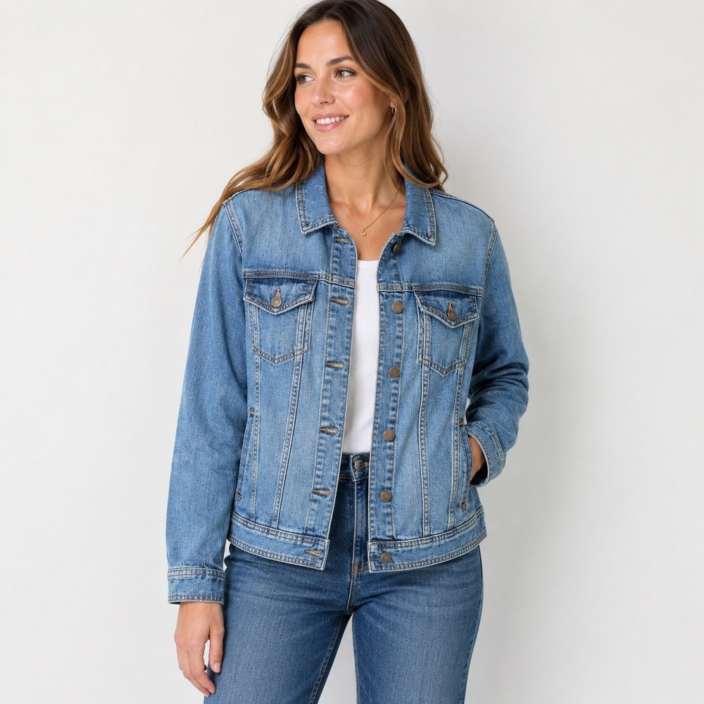 Talbots Womens Size Large Denim Jean Jacket Button Front Blue Stretch Classic